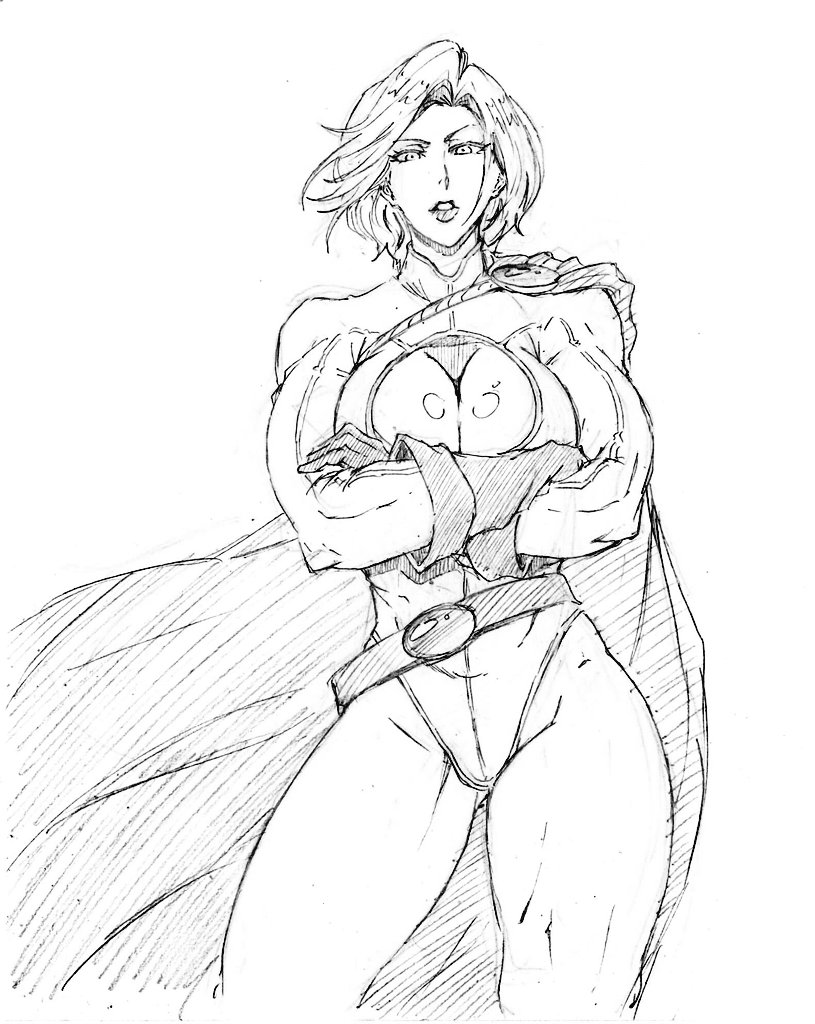 rakusakugk, power girl, power girl (1976 costume), dc comics, superman (series), 1girl, belt, blonde hair, blue eyes, blue gloves, breasts, cape, cleavage, cleavage cutout, clothing cutout, gloves, greyscale, hair between eyes, highleg, highleg leotard, kubo tite (style), large breasts, leotard, long sleeves, looking at viewer, monochrome, open mouth, red belt, red cape, short hair, simple background, sketch, sleeved leotard, solo, superhero costume, white background, white leotard