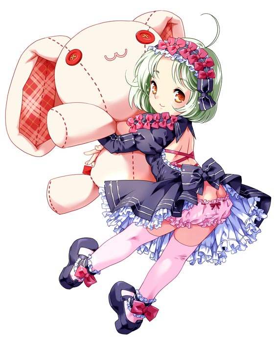 nekomata naomi, 1girl, bloomers, dress, female focus, frills, green hair, loli, panties, red eyes, ribbon, short hair, solo, stuffed animal, stuffed rabbit, stuffed toy, thighhighs, underwear