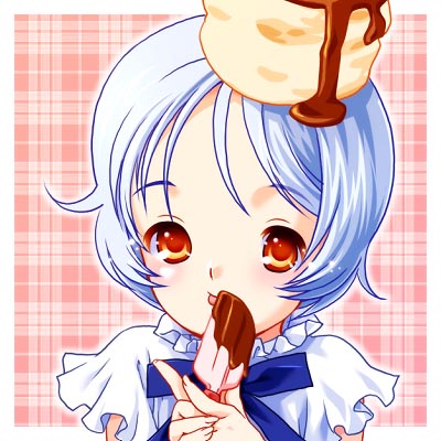nekomata naomi, bisuke-tan, kfc, lowres, blue hair, eating, food, object on head, popsicle, red eyes, short hair, solo