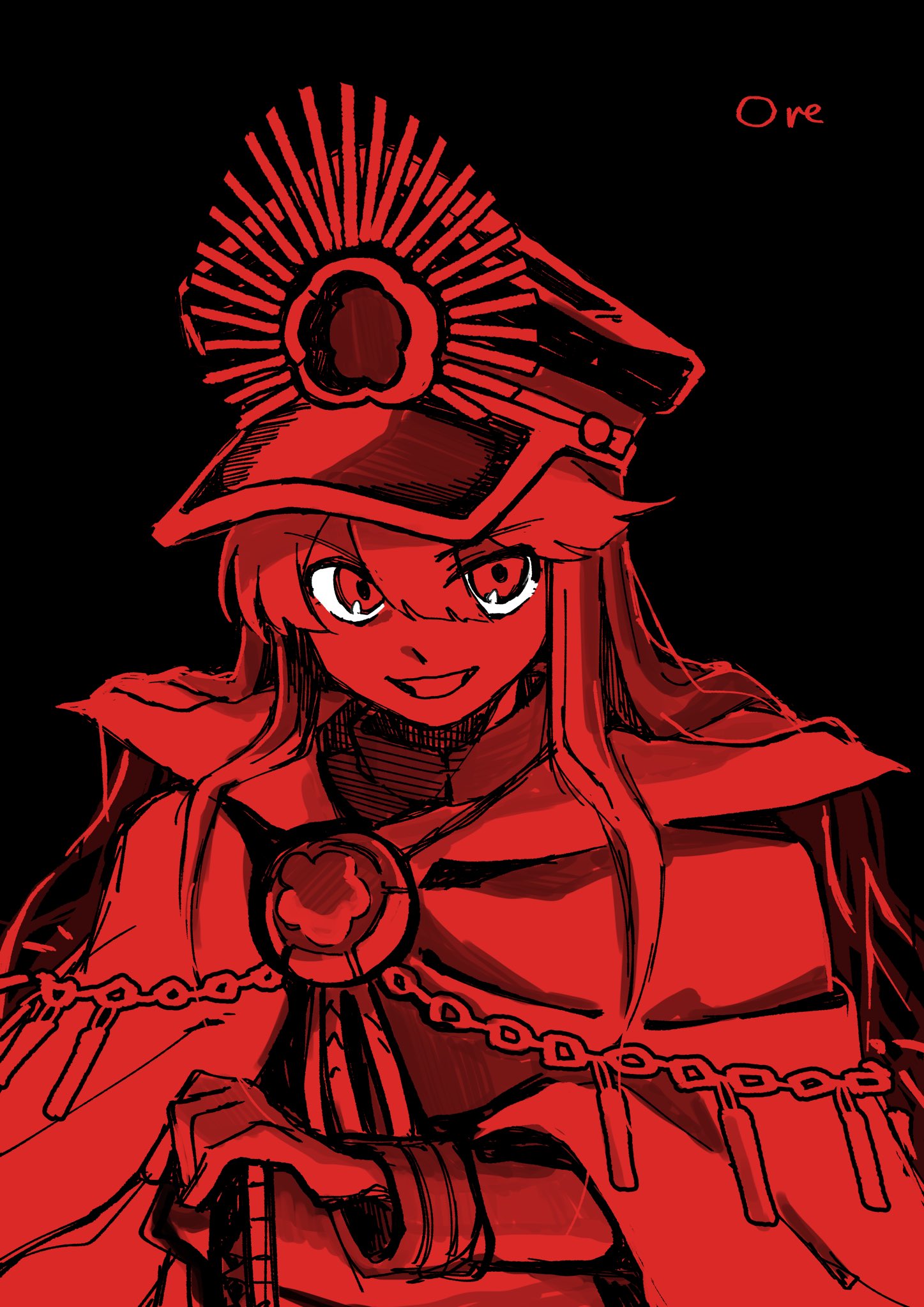 goma1021, oda nobunaga (fate), oda nobunaga (koha-ace), fate/grand order, fate (series), highres, 1girl, artist name, black background, cape, crest, family crest, grin, hair between eyes, hat, high collar, katana, long hair, long sleeves, looking at viewer, monochrome, peaked cap, red eyes, shirt, simple background, smile, solo, sword, upper body, weapon