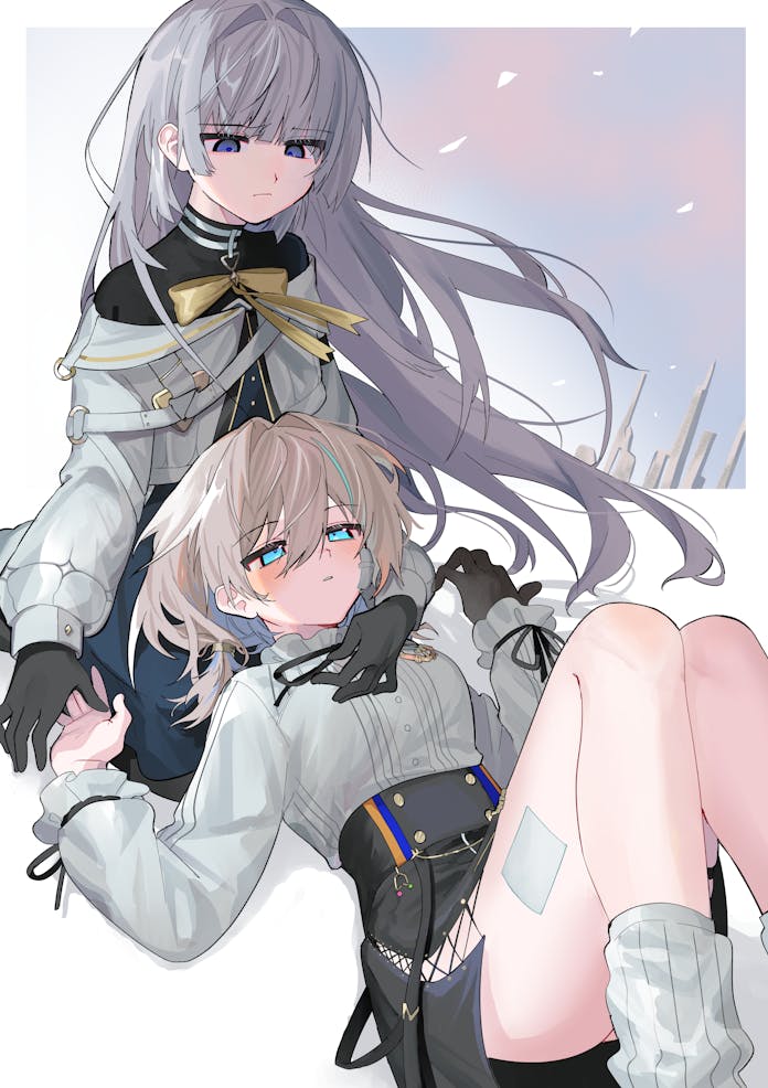 banananoyabatan, insight (designant) (arcaea), arcaea, yellow pillow, 2girls, :o, angel wings, bandage on face, bandages, bandaid, bandaid on face, belt, black boots, black dress, black gloves, black pantyhose, black skirt, blonde hair, blue eyes, blue hair, boots, bow, breasts, compassion (arcaea), detached wings, dress, earrings, expressionless, full body, gloves, hair between eyes, insight (arcaea), jewelry, lap pillow, long sleeves, medium breasts, multicolored hair, multiple girls, pantyhose, purple eyes, shirt, short hair, single glove, skirt, socks, streaked hair, thigh strap, white belt, white hair, white shirt, white socks, white wings, wings, yellow bow, yuri