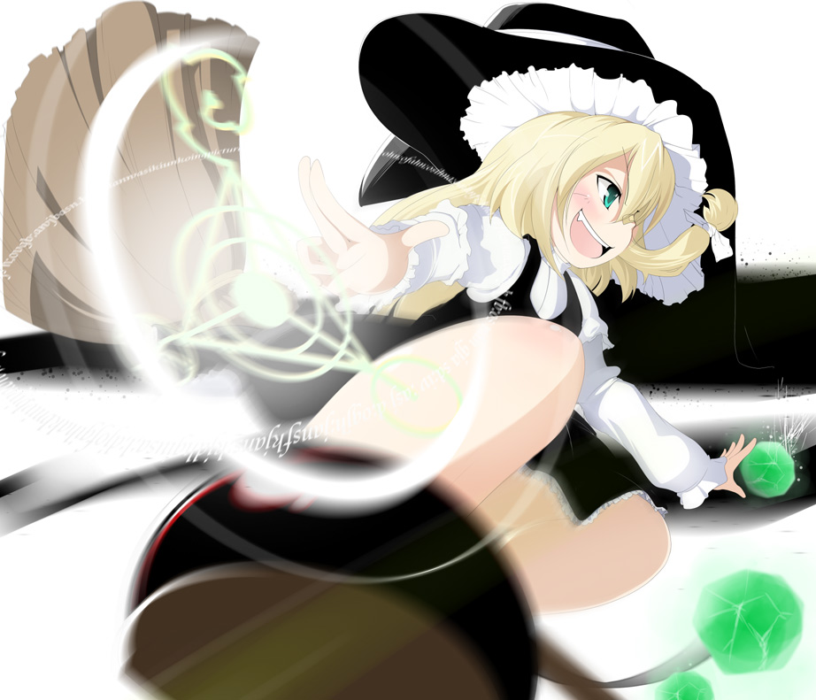 kotatsu (kotatsu3), kirisame marisa, touhou, 1girl, blonde hair, evil smile, female focus, green eyes, hat, long hair, magic, motion blur, smile, solo, witch hat