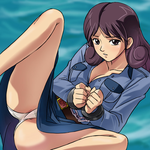 haruyama kazunori, domon kei, tsuchikado kei, space carrier blue noah, uchuu kuubo blue noah, lowres, 1girl, ass, bdsm, belt, black eyes, black hair, blush, bondage, bound, bound wrists, breasts, buttons, chain, cleavage, clenched hands, collared shirt, cuffs, curly hair, female focus, large breasts, leg up, legs, long hair, long skirt, long sleeves, looking at viewer, military, military uniform, own hands together, panties, pantyshot, parted bangs, parted lips, pencil skirt, pocket, reclining, shirt, skirt, solo, spread legs, unbuttoned, underwear, water, white panties