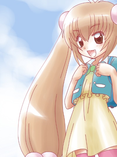 awa, kokonoe rin, kodomo no jikan, pink legwear, 00s, 1girl, :d, blonde hair, blue jacket, blush, bow, bowtie, brown dress, brown eyes, brown hair, child, cloud, cloudy sky, day, dress, female focus, hair bobbles, hair ornament, jacket, long hair, open mouth, plait, sky, smile, solo, very long hair, yellow dress