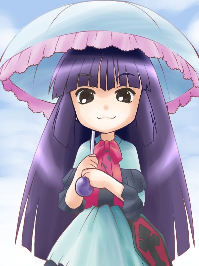 awa, kagami kuro, kodomo no jikan, 00s, 1girl, :3, blue dress, bow, brown eyes, child, cloud, cloudy sky, cross, day, dress, female focus, frills, long hair, looking at viewer, purple hair, red bow, sky, smile, solo, umbrella