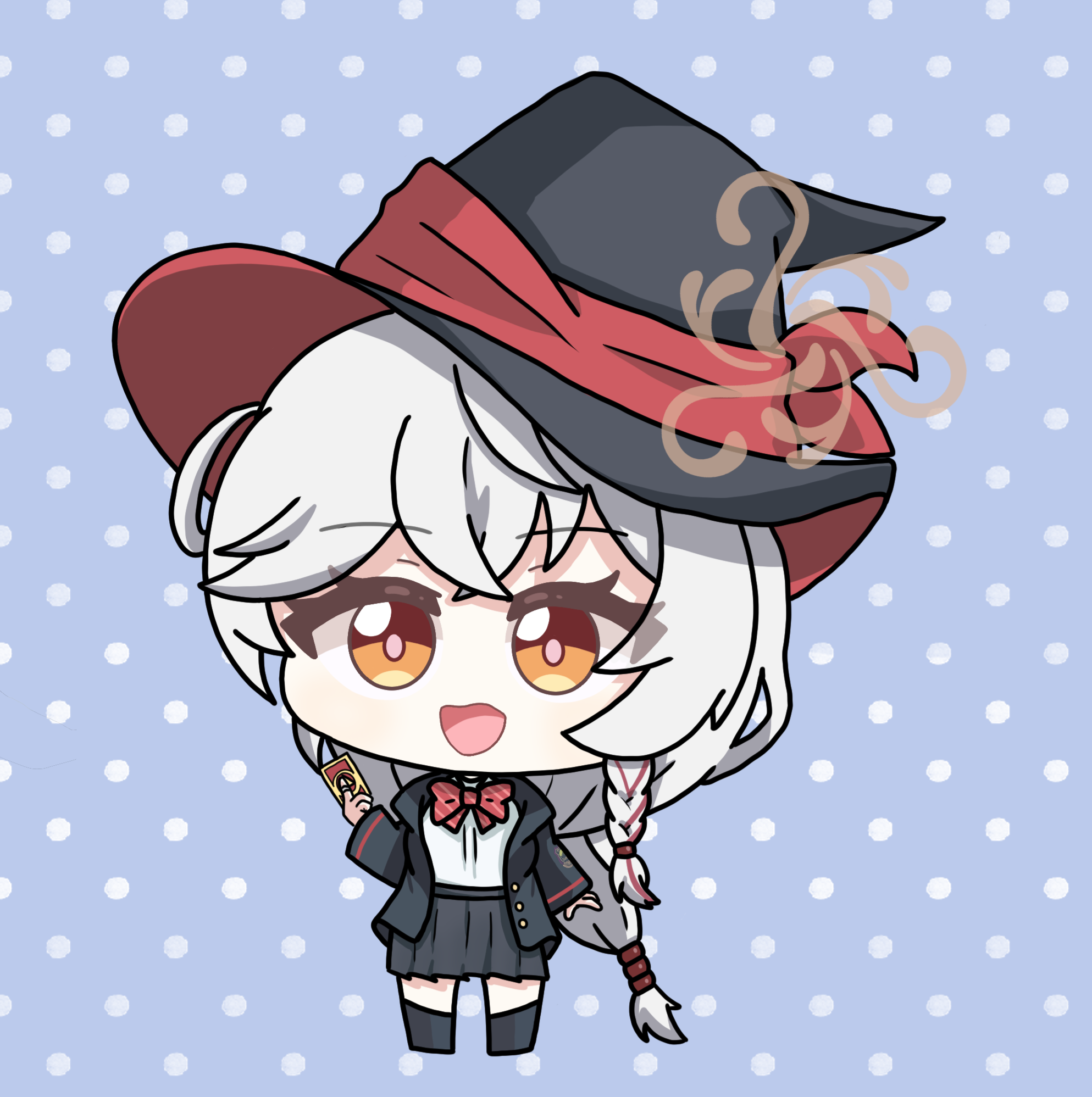 eri (blue archive), blue archive, bow, bowtie, braid, card, chibi, halo, hat, holding, holding card, jacket, long coat, long hair, orange eyes, shirt, skirt, socks, sweater, white hair, witch hat