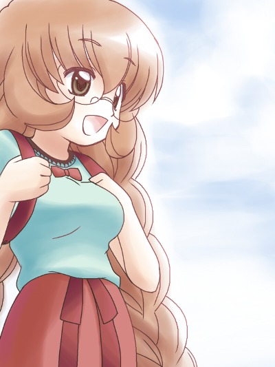 awa, usa mimi, kodomo no jikan, 00s, 1girl, :d, backpack, bag, blonde hair, blue shirt, bow, braid, breasts, brown eyes, brown hair, child, cloud, cloudy sky, day, female focus, glasses, goggles, long hair, medium breasts, open mouth, oppai loli, red bow, ribbon, shirt, skirt, sky, smile, solo