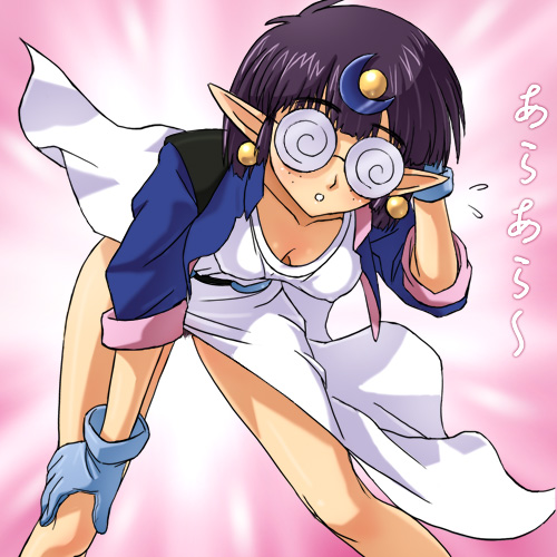 haruyama kazunori, arara cocoa, ng knight lamune & 40, lowres, 1990s (style), 1girl, @ @, bent over, breasts, cleavage, coke-bottle glasses, covered erect nipples, crescent, crescent hair ornament, downblouse, earrings, elf, female focus, female pubic hair, glasses, gloves, hair ornament, jewelry, no bra, no panties, pointy ears, pubic hair, retro artstyle, round eyewear, solo
