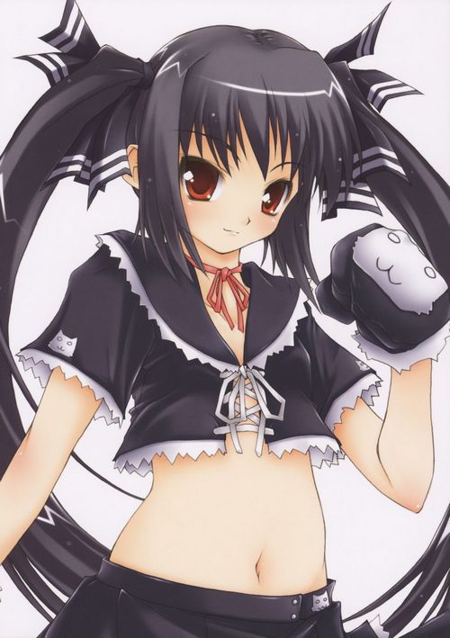 moyuru, kooh (pangya), pangya, 1girl, black hair, female focus, gloves, long hair, midriff, red eyes, skirt, smile, solo, twintails
