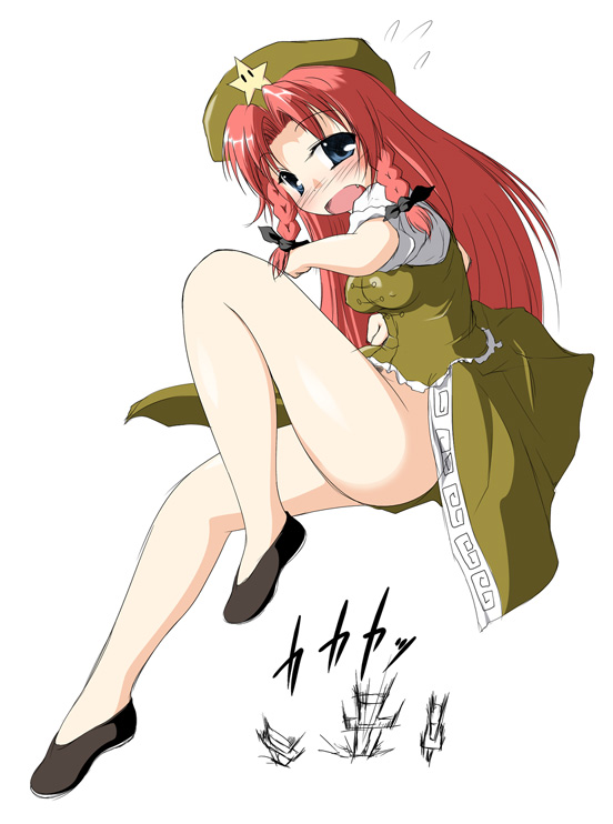 kotatsu (kotatsu3), hong meiling, embodiment of scarlet devil, touhou, 1girl, blush, bottomless, dress, fang, female focus, legs, long hair, no panties, red hair, simple background, solo