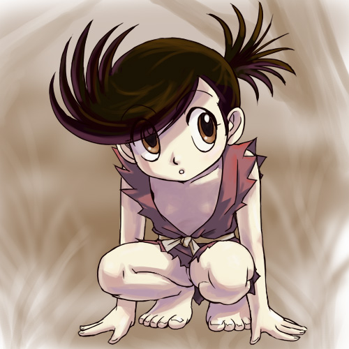 haruyama kazunori, dororo (character), dororo (dororo to hyakkimaru), dororo (tezuka), dororo to hyakkimaru, lowres, 1girl, :o, androgynous, arm support, bare arms, bare legs, barefoot, black hair, brown background, brown eyes, center opening, collarbone, eyes visible through hair, feet, female focus, full body, japanese clothes, kneeling, ponytail, sash, sideways glance, solo, squatting, swept bangs, toes, torn clothes