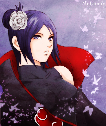 mutsumix, konan (naruto), naruto (series), naruto shippuuden, 1girl, akatsuki (naruto), blue eyes, blue hair, bug, butterfly, face piercing, female focus, flower, hair ornament, insect, labret piercing, matching hair/eyes, piercing, skin tight, solo, spandex