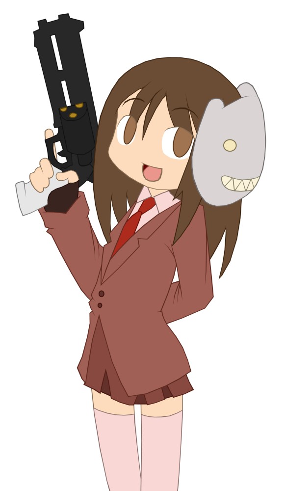 kasuga ayumu, red spy (tf2), spy (tf2), azumanga daiou, team fortress 2, 1girl, brown eyes, brown hair, cosplay, female focus, gun, handgun, mask, necktie, revolver, simple background, solo, the spy (cosplay), thighhighs, trigger discipline, valve, weapon, white background, white thighhighs, zettai ryouiki