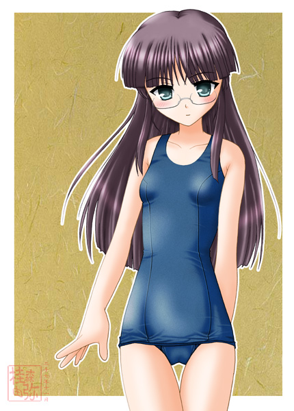 neopure, 1girl, female focus, glasses, one-piece swimsuit, school swimsuit, solo, swimsuit