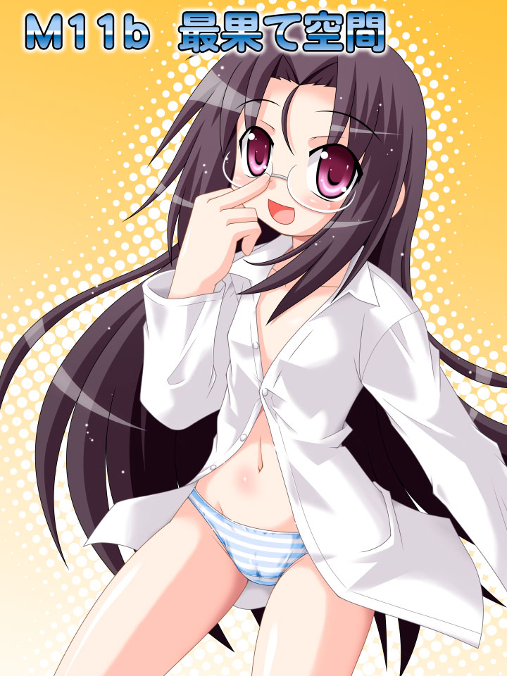 hino hino, tamura hiyori, lucky star, 00s, adjusting eyewear, black hair, brown hair, glasses, long hair, no pants, open clothes, open shirt, panties, red eyes, shirt, smile, solo, striped clothes, striped panties, unbuttoned, underwear