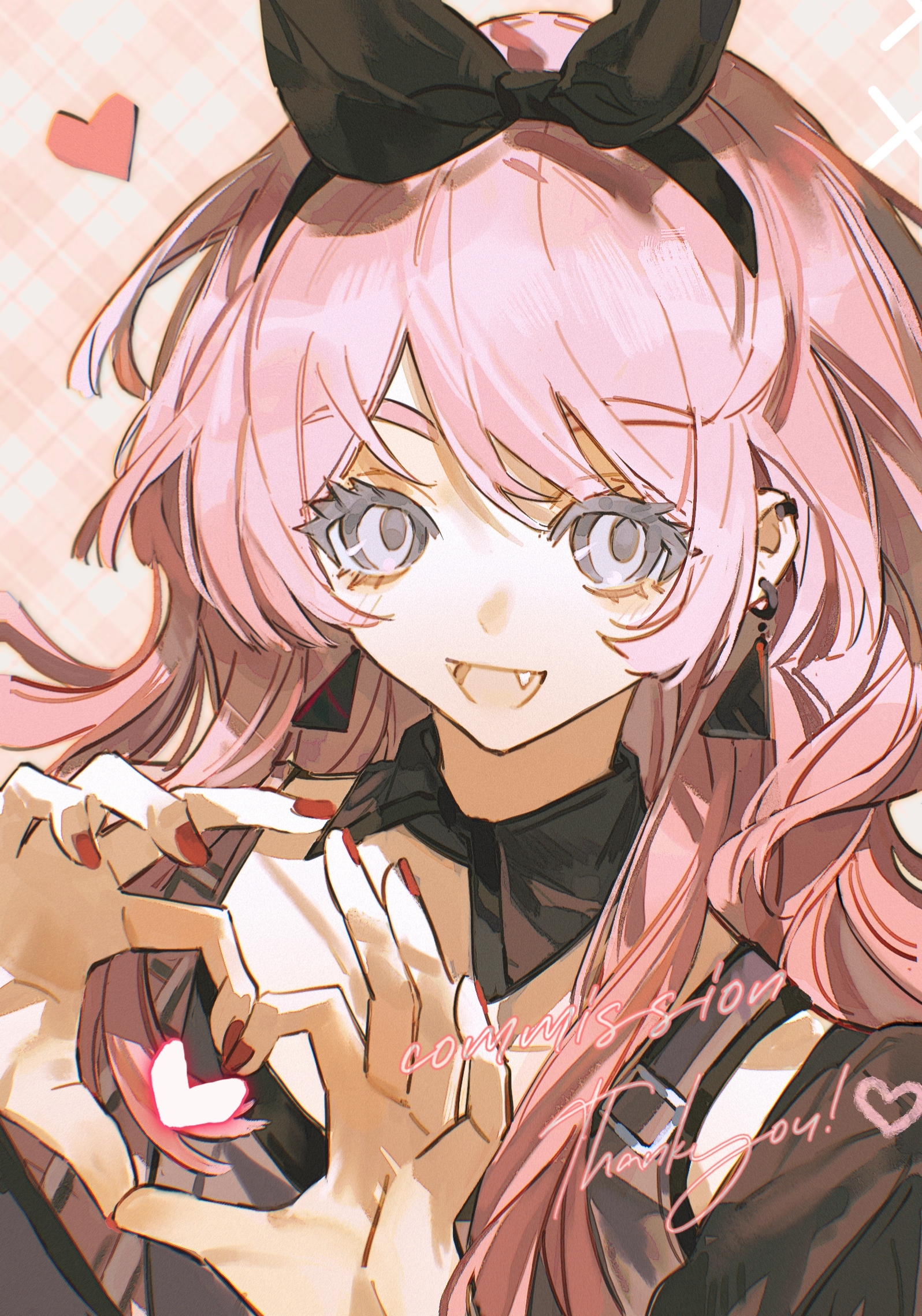 hikawayunn, chihaya anon, bang dream!, bang dream! it's mygo!!!!!, commission, highres, 1girl, black ribbon, earclip, earrings, fang, four-finger heart hands, grey eyes, hair ribbon, heart, heart hands, heart in heart hands, jewelry, long hair, nail polish, open mouth, pink hair, red nails, ribbon, solo