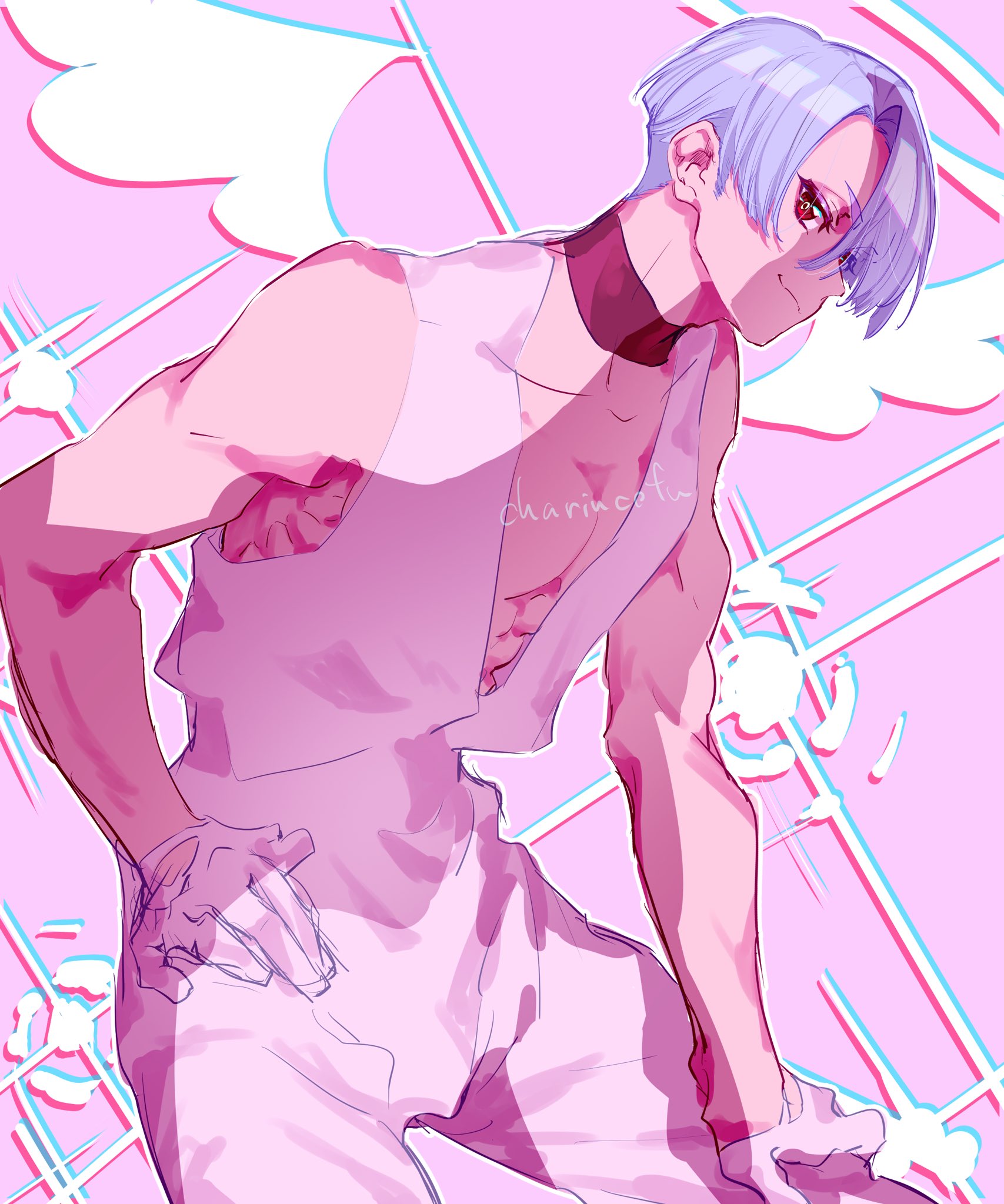 charincofu 04, polyester (psg), panty & stocking with garterbelt, highres, bishounen, blunt bangs, choker, girly boy, gloves, hair over one eye, jumpsuit, looking at viewer, male focus, red eyes, sleeveless jumpsuit, smile, white gloves, white jumpsuit