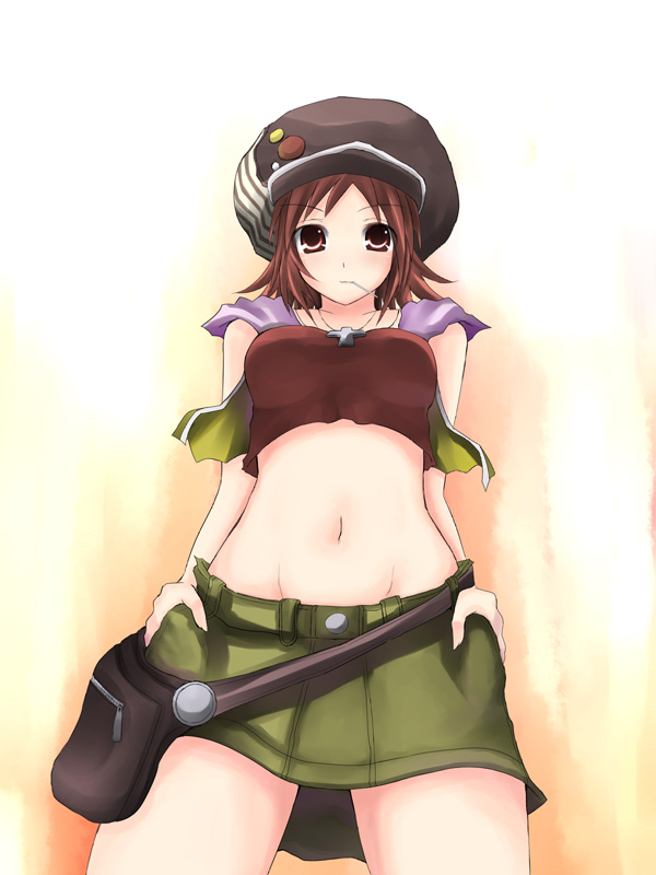 shima-shuu, misaki shiki, subarashiki kono sekai, 1girl, bag, breasts, brown eyes, brown hair, female focus, hat, large breasts, midriff, miniskirt, navel, newsboy cap, short hair, skirt, solo, standing