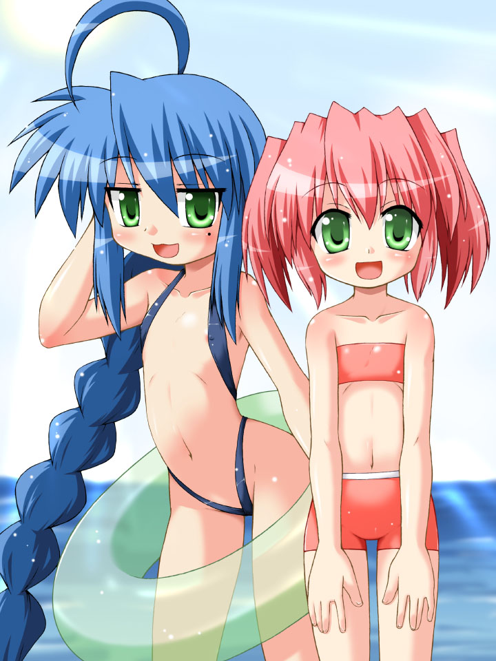 hino hino, izumi konata, kobayakawa yutaka, lucky star, 00s, 2girls, ahoge, alternate hairstyle, arched back, areola slip, bandeau bikini, bikini, blue hair, blush, braid, cousins, flat chest, green eyes, innertube, loli, long hair, micro bikini, midriff, mole, mole under eye, multiple girls, nipple slip, nipples, ocean, pink hair, pretzel bikini, red hair, short hair, smile, standing, swim ring, swimsuit, water, wet