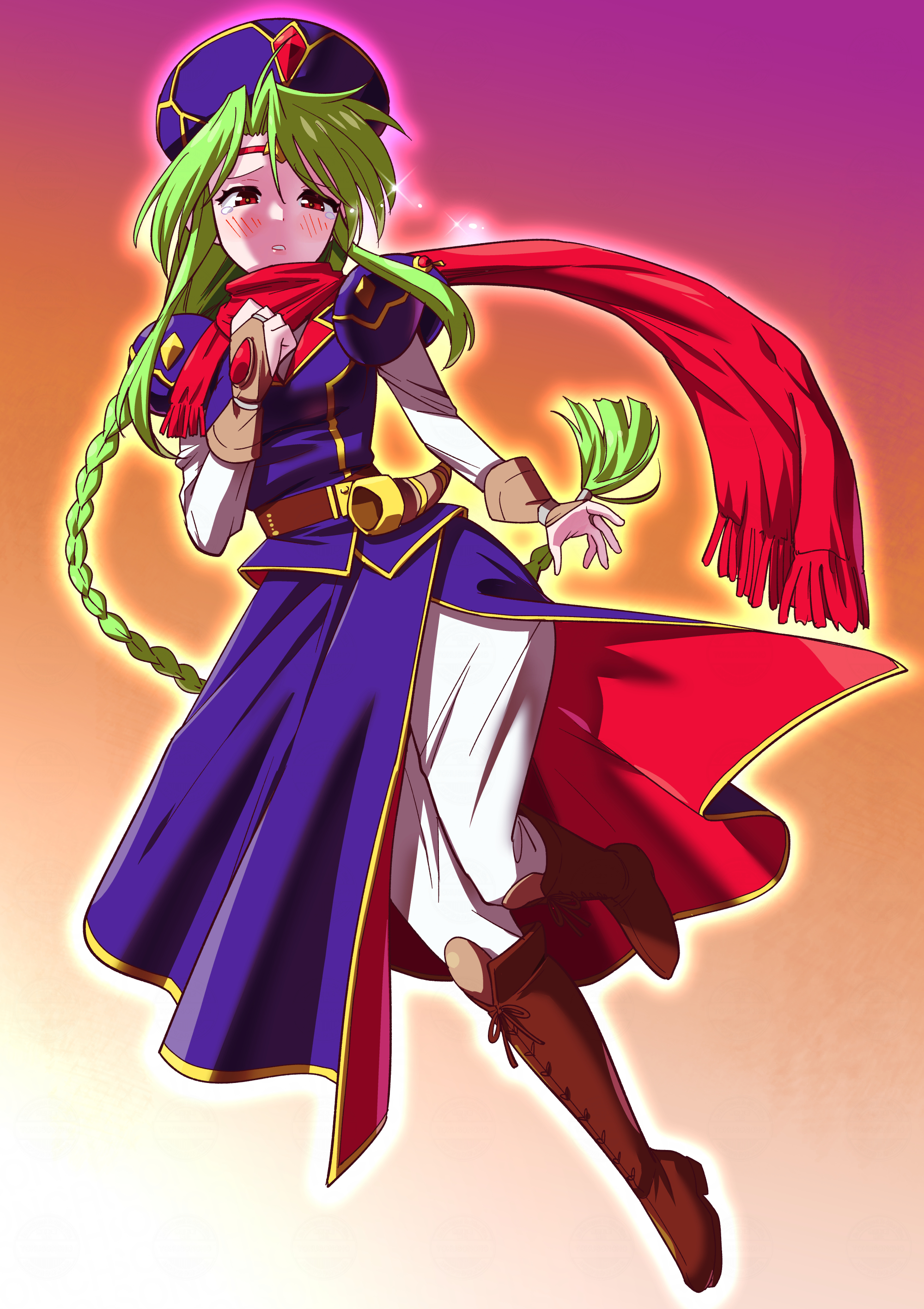toku sonchou, absurdres, highres, 1girl, armor, blue hat, circlet, dress, emerald dragon, full body, green hair, hat, long braid, long hair, looking at viewer, red eyes, red scarf, scarf, shoulder armor, solo, tamrin (emerald dragon)
