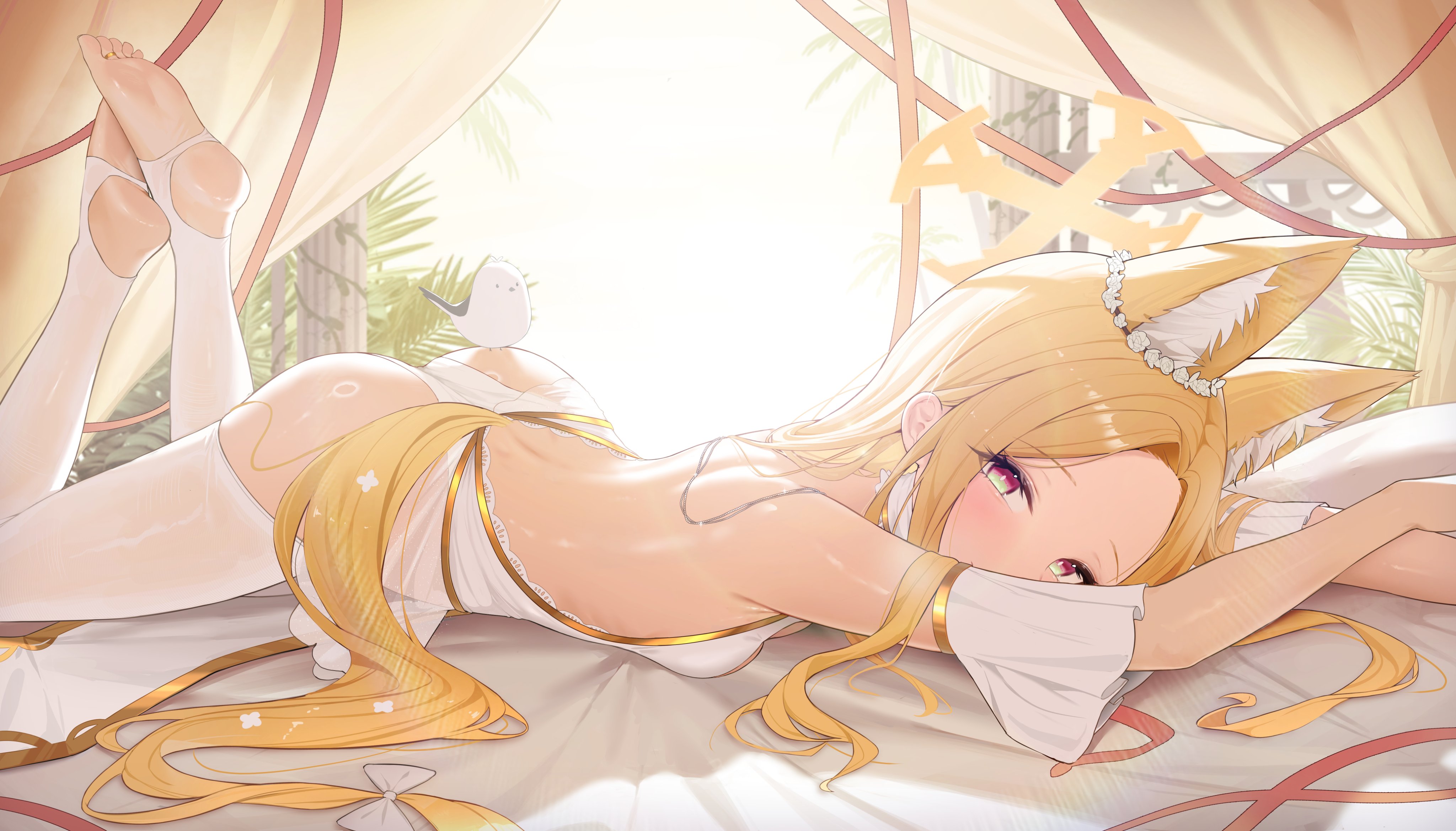 fangfangtu, seia (blue archive), blue archive, absurdres, highres, 1girl, animal ear fluff, animal ears, backless outfit, blonde hair, cross halo, feet, forehead, fox ears, fox girl, fox tail, from side, halo, long hair, looking at viewer, lying, no shoes, on stomach, soles, solo, stirrup legwear, tail, thighhighs, toeless legwear, white thighhighs