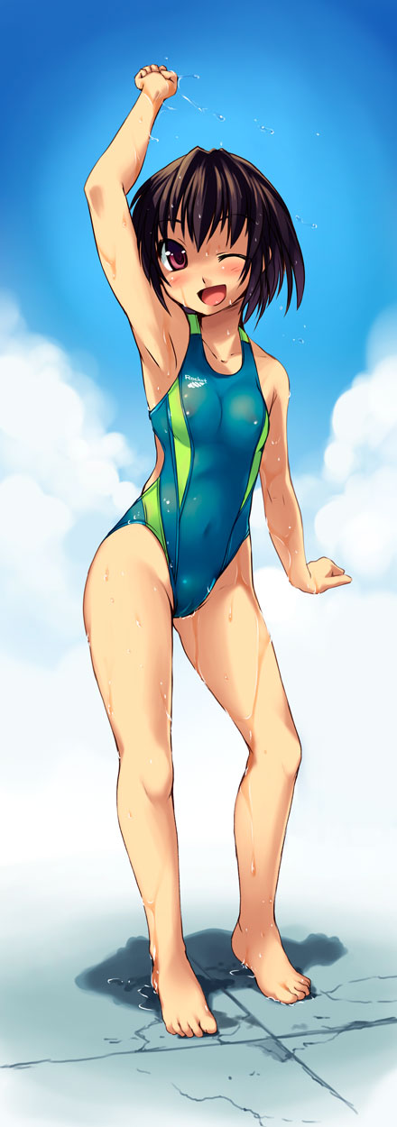 bosshi, original, highres, long image, tall image, 1girl, :d, arm up, armpits, barefoot, black hair, blush, cameltoe, cloud, competition swimsuit, day, feet, female focus, flat chest, full body, highleg, highleg one-piece swimsuit, legs, one-piece swimsuit, one eye closed, open mouth, outdoors, pink eyes, see-through clothes, short hair, sky, smile, solo, standing, swimsuit, wet, wink