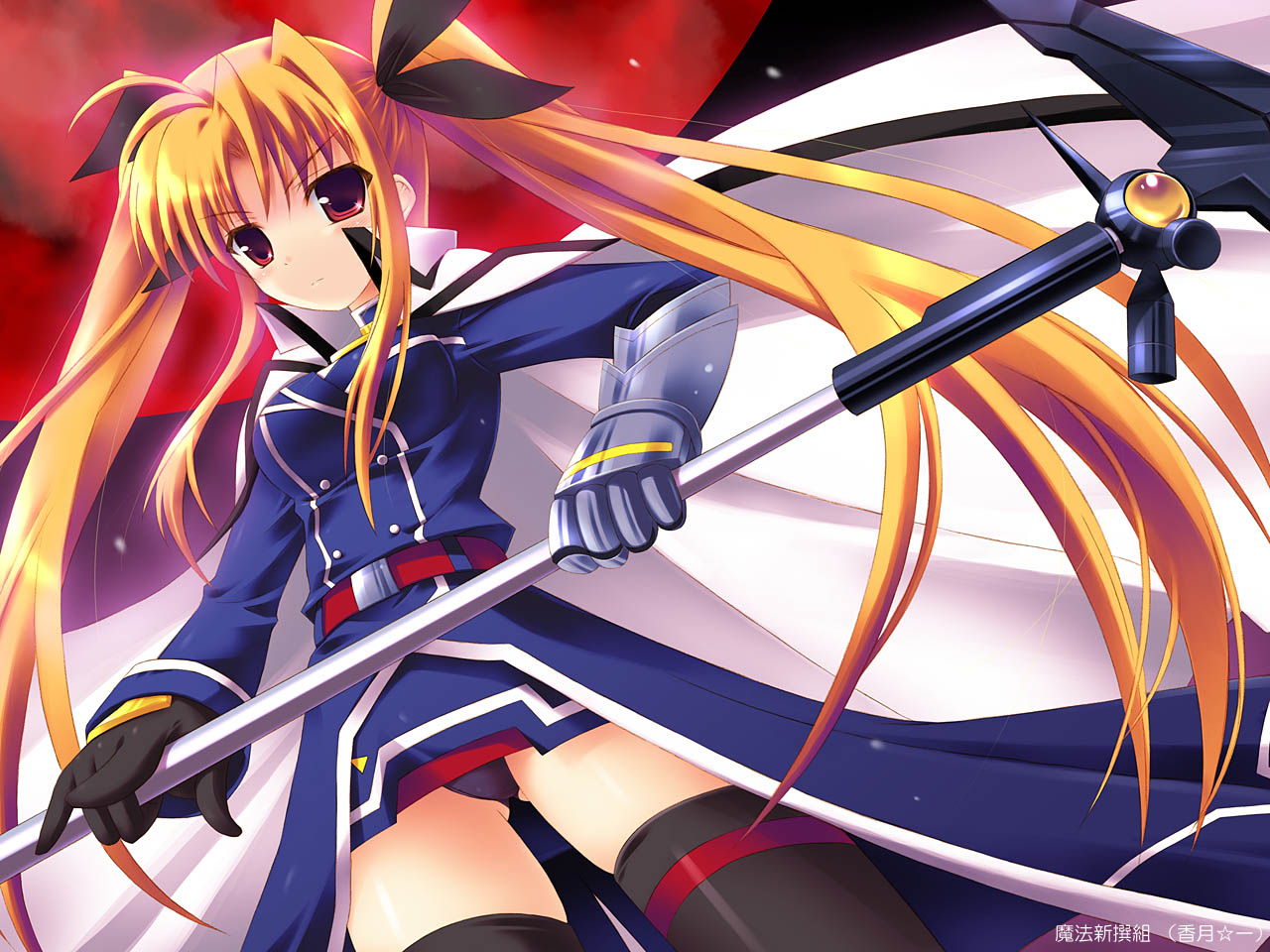 kouzuki hajime, bardiche (assault form) (nanoha), bardiche (nanoha), fate testarossa, fate testarossa (impulse form), lyrical nanoha, mahou shoujo lyrical nanoha, mahou shoujo lyrical nanoha strikers, 00s, blonde hair, panties, pantyshot, red eyes, solo, thighhighs, underwear