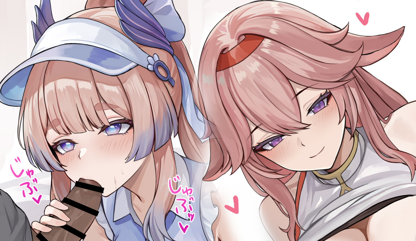 se34tai, sangonomiya kokomi, sangonomiya kokomi (pulse+), yae miko, yae miko (pulse+), genshin impact, commentary request, cropped, paid reward available, 2girls, animal ears, bar censor, blue eyes, blue hair, blunt bangs, breasts, censored, clothes lift, fellatio, fox ears, gradient hair, hair between eyes, headband, heart, light blush, long hair, multicolored eyes, multicolored hair, multiple girls, multiple views, official alternate costume, oral, pink hair, ponytail, purple eyes, red headband, shirt, shirt lift, sleeveless, sleeveless shirt, smile, very long hair, visor cap