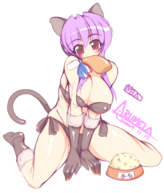 mel/a, arumela, original, 1girl, animal ears, bikini, black gloves, boned meat, bowl, breasts, breasts squeezed together, bursting breasts, cat ears, cat tail, female focus, food, gloves, huge breasts, long hair, meat, paw pose, pet bowl, plump, purple hair, red eyes, side-tie bikini bottom, sidelocks, sitting, socks, solo, strapless, swimsuit, tail, thick thighs, thighs, tube top, wariza