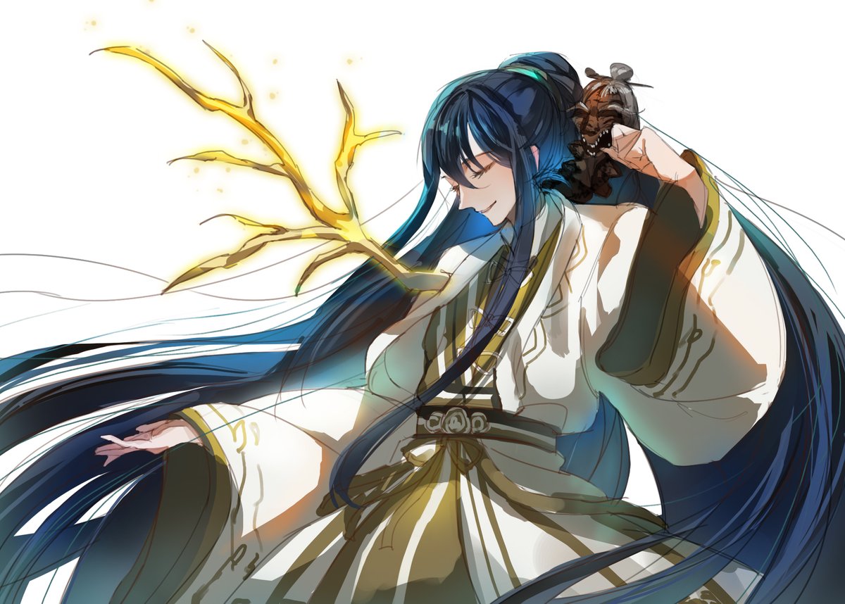 78 mariner, golden bough (limbus company), hong lu (project moon), limbus company, project moon, korean commentary, 1boy, animal, animal on shoulder, black hair, branch, closed eyes, coat, cosplay, cowboy shot, daxiushan, hair between eyes, half updo, hand up, high ponytail, jia mu (project moon), jia mu (project moon) (cosplay), light particles, long hair, long sleeves, male focus, open hand, parted lips, ponytail, sash, sidelocks, simple background, smile, solo, very long hair, white background, white coat, wide sleeves, worm, yellow hanfu, yellow sash