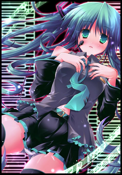utsurogi angu, hatsune miku, vocaloid, 1girl, aqua hair, bare shoulders, belt, blush, boots, breasts, d:, detached sleeves, female focus, frills, green eyes, headset, long hair, medium breasts, musical note, musical staff, navel, open mouth, piano keys, sheet music, shirt, skirt, sleeveless, sleeveless shirt, solo, thigh boots, thighhighs, twintails, very long hair, zettai ryouiki