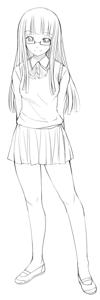 bosshi, long image, tall image, 1girl, female focus, full body, glasses, greyscale, monochrome, school uniform, serafuku, shoes, solo, standing, uwabaki