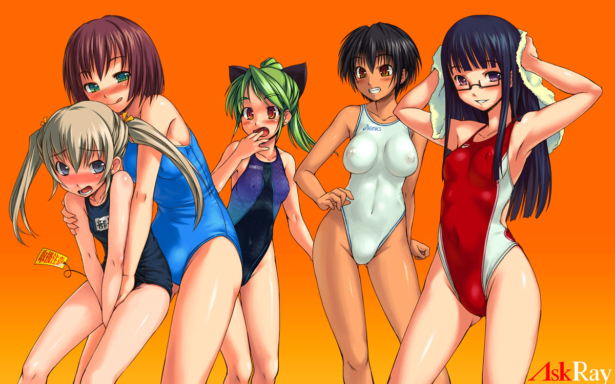 bosshi, aihara ai, asakura mao, itou aya, niimura akane, oohashi sumika, futabu, silver hair, 10s, 5girls, :q, ahoge, animal ears, armpits, arms up, black hair, blonde hair, blue eyes, blue hair, blush, breasts, brown eyes, brown hair, bullying, clothes writing, competition swimsuit, covered erect nipples, covered navel, covering crotch, covering privates, crotch grab, drying, drying hair, embarrassed, fang, flat chest, glasses, green eyes, green hair, grin, groping, highleg, highleg one-piece swimsuit, huge breasts, large breasts, legs, long hair, multiple girls, name tag, navel, nipples, one-piece swimsuit, open mouth, orange eyes, ponytail, purple eyes, purple hair, red eyes, school swimsuit, see-through clothes, short hair, smile, standing, swimsuit, tongue, tongue out, towel, twintails, v arms, white one-piece swimsuit