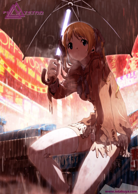 io takuya, blade runner (1982 movie), blade runner (series), original, 1girl, city, cyberpunk, female focus, night, panties, rain, school uniform, serafuku, solo, striped clothes, striped panties, thighhighs, umbrella, underwear, zettai ryouiki