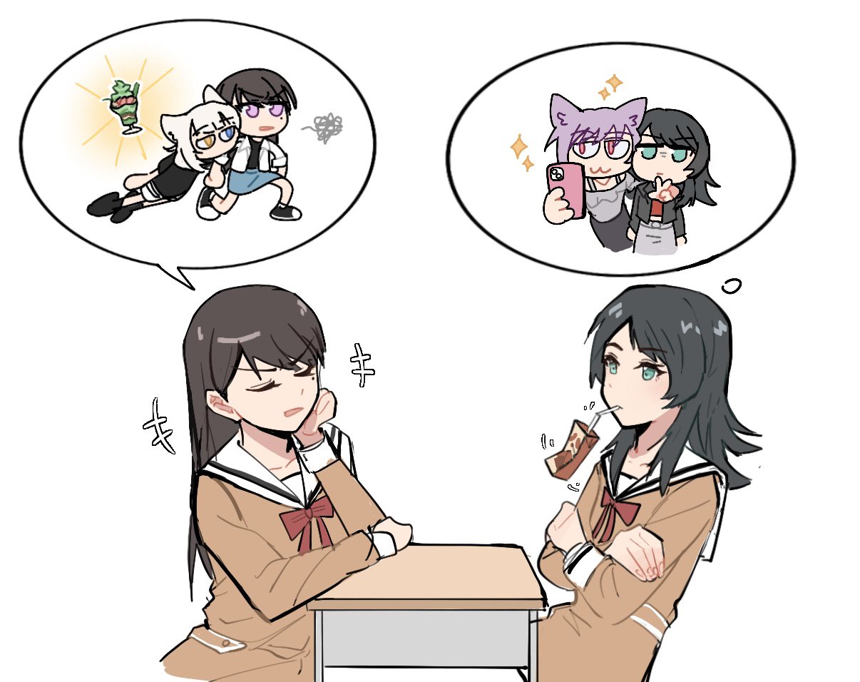 xiaowu0074, kaname raana, shiina taki, yahata umiri, yuutenji nyamu, bang dream!, bang dream! it's mygo!!!!!, commentary, hashtag-only commentary, 4girls, animal ears, black shirt, blue eyes, blue skirt, brown dress, carton, cat ears, crossed arms, dress, drinking straw, drinking straw in mouth, grey skirt, hanasakigawa school uniform, heterochromia, kemonomimi mode, long sleeves, matcha parfait, mole, mole under eye, multiple girls, purple eyes, raana the cat, sailor collar, sailor dress, school uniform, selfie, shirt, skirt, speech bubble, thought bubble, white sailor collar, yellow eyes