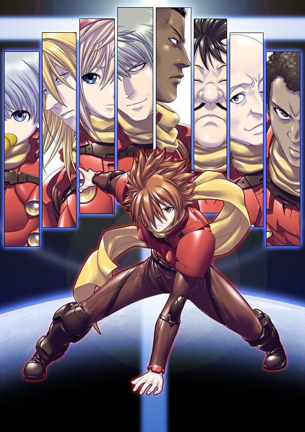 kimura akihiro, albert heinrich, chang changku, francoise arnoul, geronimo jr, great britain (cyborg 009), ivan whisky, jet link, pyunma, shimamura joe, 009 re:cyborg, cyborg 009, official art, 1girl, closed mouth, cyborg, dark-skinned male, dark skin, facial hair, hair over one eye, long hair, looking at viewer, multiple boys, mustache, scarf, short hair, smile, yellow scarf