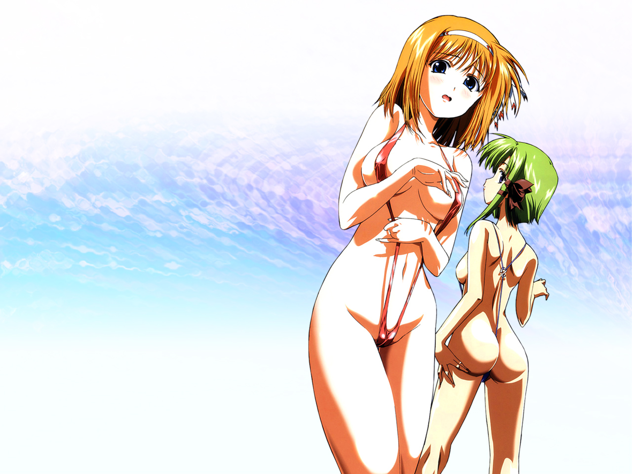 hosoda naoto, fuyou kaede, shigure asa, shuffle!, hand on thigh, official art, official wallpaper, 00s, 2girls, :o, arm behind back, ass, back, blue eyes, blush, bow, breasts, breasts apart, cameltoe, embarrassed, fingernails, from behind, from below, gradient background, green hair, groin, hair bow, hair ribbon, hairband, kneepits, large breasts, leaning, long fingernails, looking at viewer, looking back, looking down, multiple girls, navel, one-piece swimsuit, one-piece thong, open mouth, orange hair, pinky out, ribbon, shadow, short hair, sideboob, sidelocks, skindentation, slingshot swimsuit, standing, swimsuit, thigh gap, thighs, tress ribbon