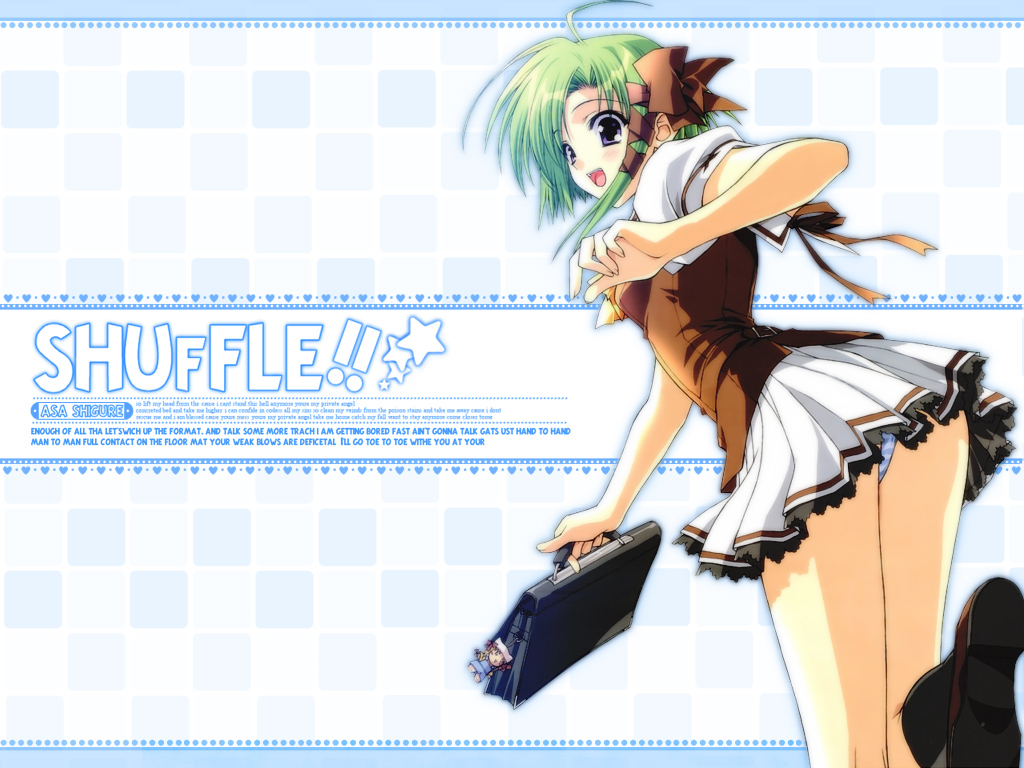 suzuhira hiro, shigure asa, shuffle!, official art, official wallpaper, 00s, 1girl, :d, ahoge, ass, bag, black socks, blue eyes, blue panties, blush, border, bow, character doll, character name, charm (object), checkered background, chibi, copyright name, doll, dutch angle, english text, engrish text, female focus, green hair, hair bow, hair ribbon, heart, heart background, holding, kneehighs, kneepits, lace, lace-trimmed skirt, lace trim, leaning forward, leg lift, loafers, looking back, miniskirt, open mouth, panties, pantyshot, pleated skirt, polka dot, polka dot background, purple eyes, ranguage, ribbon, running, school bag, school uniform, serafuku, shirt, shoes, short hair, sidelocks, skirt, smile, socks, solo, standing, standing on one leg, star (symbol), strap, striped clothes, striped panties, swept bangs, tress ribbon, turning head, underwear, upskirt