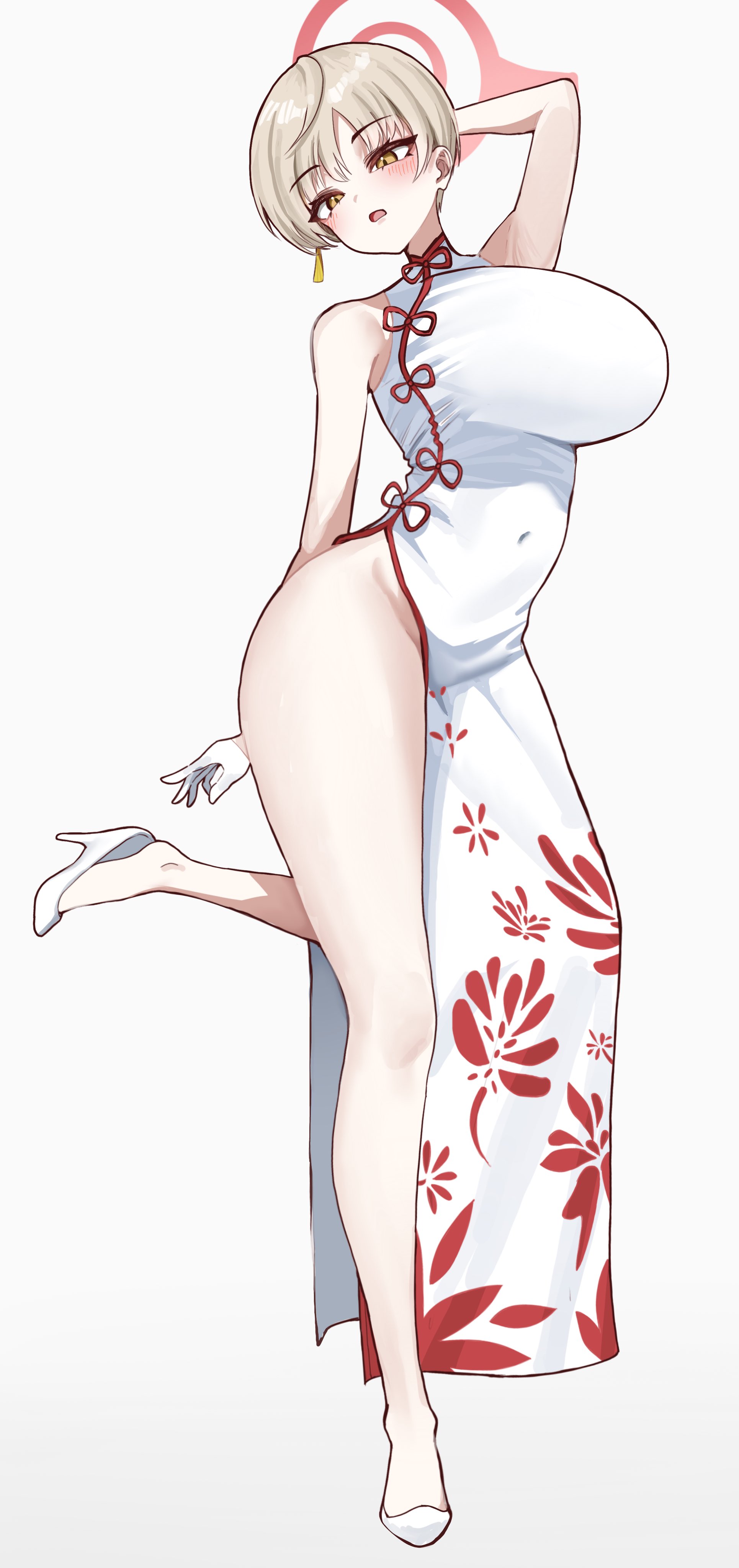 fluffyebi01, marina (blue archive), marina (qipao) (blue archive), blue archive, absurdres, bad id, bad twitter id, highres, 1girl, arm behind back, arm up, bare arms, bare legs, blush, breasts, brown eyes, brown hair, china dress, chinese clothes, covered navel, dress, eyeliner, floral print, floral print dress, full body, gloves, halo, high heels, large breasts, legs, looking down, makeup, no panties, official alternate costume, open mouth, pelvic curtain, print dress, red halo, shoes, short hair, simple background, sleeveless, sleeveless dress, solo, standing, standing on one leg, white background, white dress, white gloves, white shoes