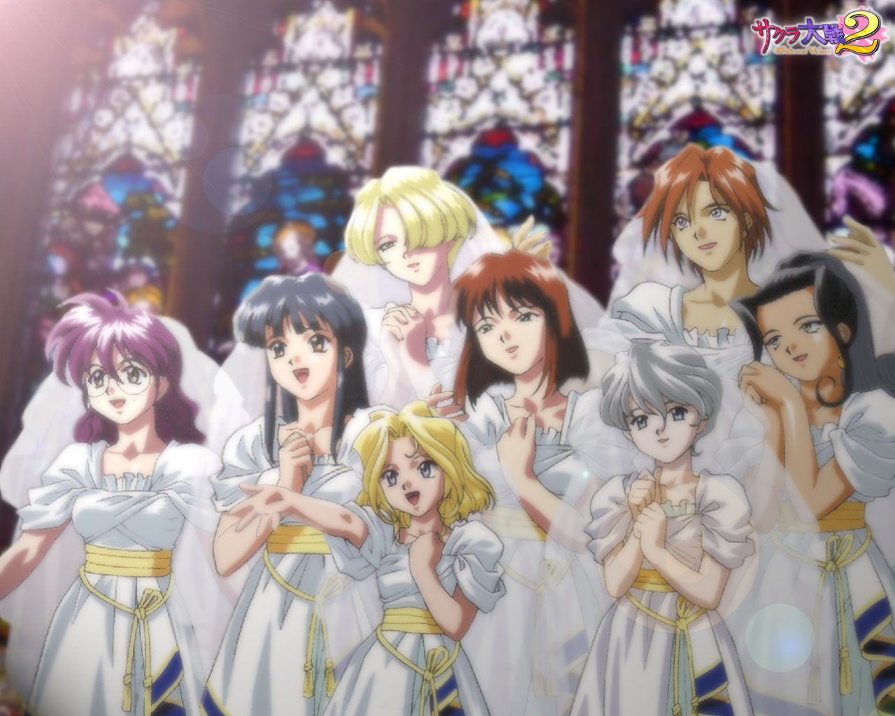 iris chateaubriand, kanzaki sumire, kirishima kanna, maria tachibana, reni milchstrasse, ri kouran, shinguuji sakura, soletta orihime, sakura taisen, sakura taisen ii, sega, silver hair, 00s, 6+girls, black hair, blonde hair, blue eyes, bride, brown hair, dress, glasses, hair over one eye, indoors, long hair, multiple girls, purple hair, red hair, short hair, twintails, wedding dress