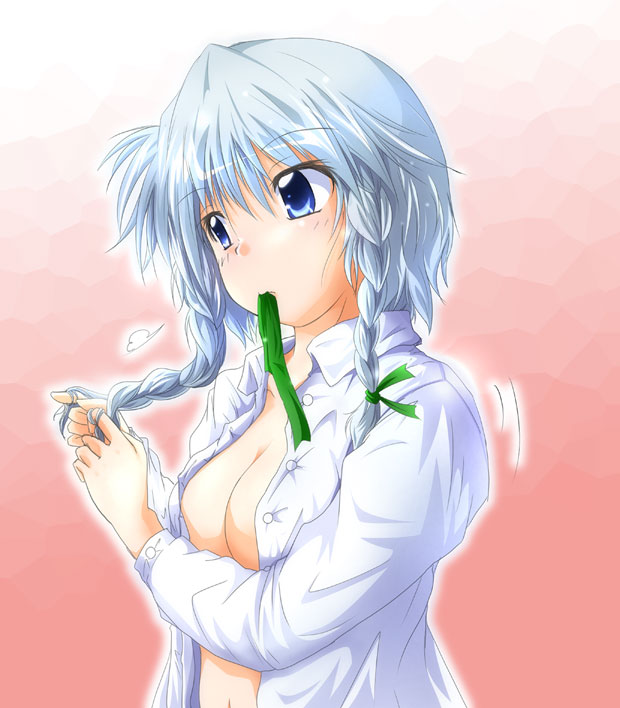 nanaume (shichimi tougarashi), izayoi sakuya, touhou, 1girl, blue eyes, blue hair, braid, breasts, female focus, gradient background, hairdressing, matching hair/eyes, medium breasts, mouth hold, no bra, open clothes, open shirt, shirt, solo, twin braids, upper body, white background