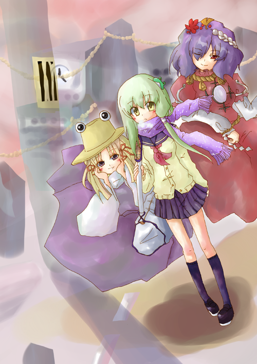 ngayope, kochiya sanae, moriya suwako, yasaka kanako, touhou, 3girls, alternate costume, female focus, hair ornament, hat, kneehighs, leaf hair ornament, multiple girls, scarf, school uniform, serafuku, socks