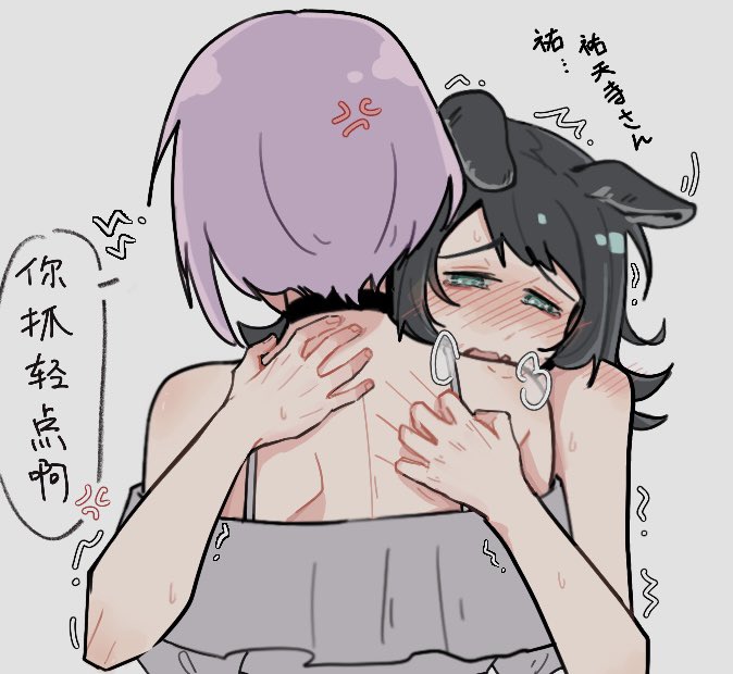 xiaowu0074, yahata umiri, yuutenji nyamu, bang dream!, bang dream! it's mygo!!!!!, 2girls, anger vein, animal ears, black choker, black hair, blue eyes, blush, choker, dog ears, dog girl, fang, grey shirt, kemonomimi mode, medium hair, multiple girls, off-shoulder shirt, off shoulder, open mouth, purple hair, scratching, shirt, short hair, skin fang, tearing up, yuri