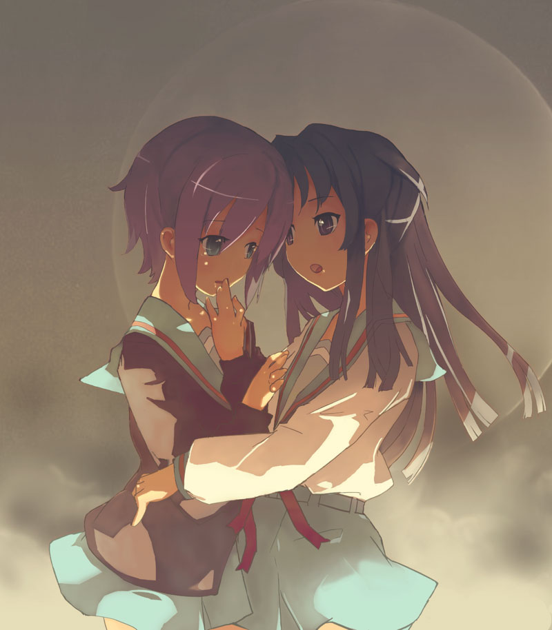 shirohanamame taichou, asakura ryoko, nagato yuki, suzumiya haruhi no yuuutsu, 00s, 2girls, multiple girls, school uniform, serafuku, shirohanamametaichou, yuri