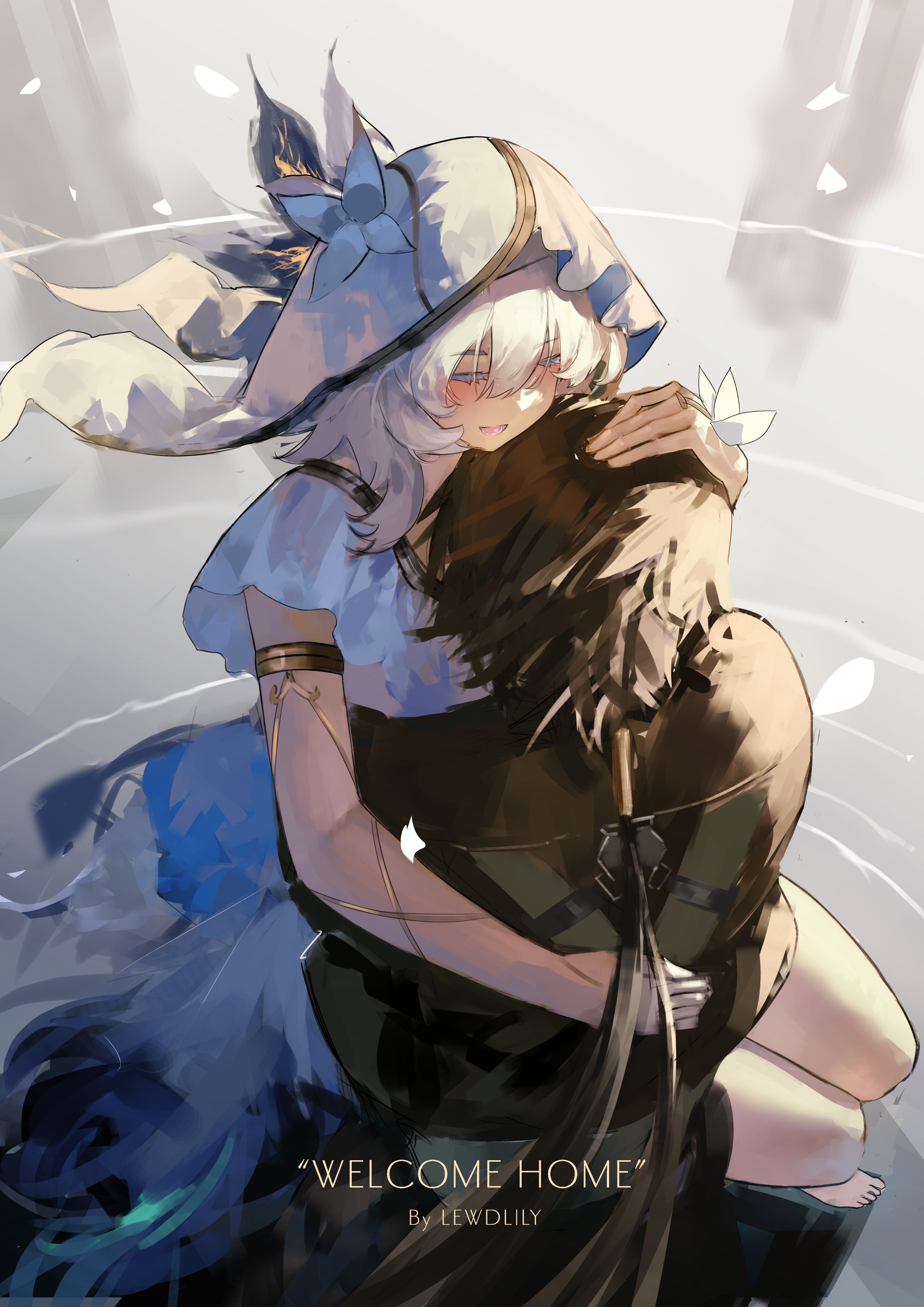 lewdlily66, shorekeeper (wuthering waves), wuthering waves, absurdres, commentary, highres, 1boy, 1girl, armlet, artist name, black hair, black jacket, blue dress, blue hair, blue veil, closed eyes, dress, english text, hair between eyes, hug, jacket, jewelry, long hair, low ponytail, ponytail, sleeveless, sleeveless dress, title, two-tone veil, veil, white veil