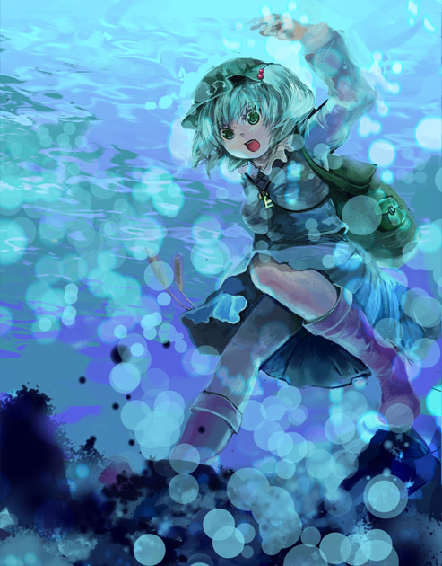 cis (carcharias), kawashiro nitori, touhou, 1girl, aqua hair, backpack, bag, blue skirt, boots, female focus, full body, green eyes, hair bobbles, hair ornament, hat, key, long sleeves, looking at viewer, open mouth, skirt, solo, twintails, two side up, underwater