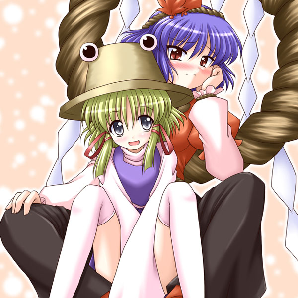 bococho, moriya suwako, yasaka kanako, touhou, 2girls, blush, female focus, hair ornament, hat, leaf hair ornament, multiple girls, rope, shimenawa, thighhighs, yuri