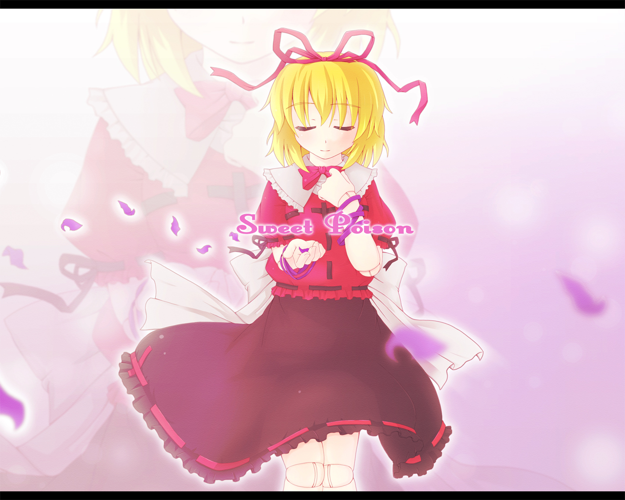etogami kazuya, medicine melancholy, touhou, 1girl, black skirt, blonde hair, bow, closed eyes, cowboy shot, doll joints, english text, female focus, hair ribbon, joints, letterboxed, petals, puffy sleeves, red ribbon, ribbon, ribbon-trimmed clothes, ribbon-trimmed sleeves, ribbon trim, skirt, solo, standing, zoom layer