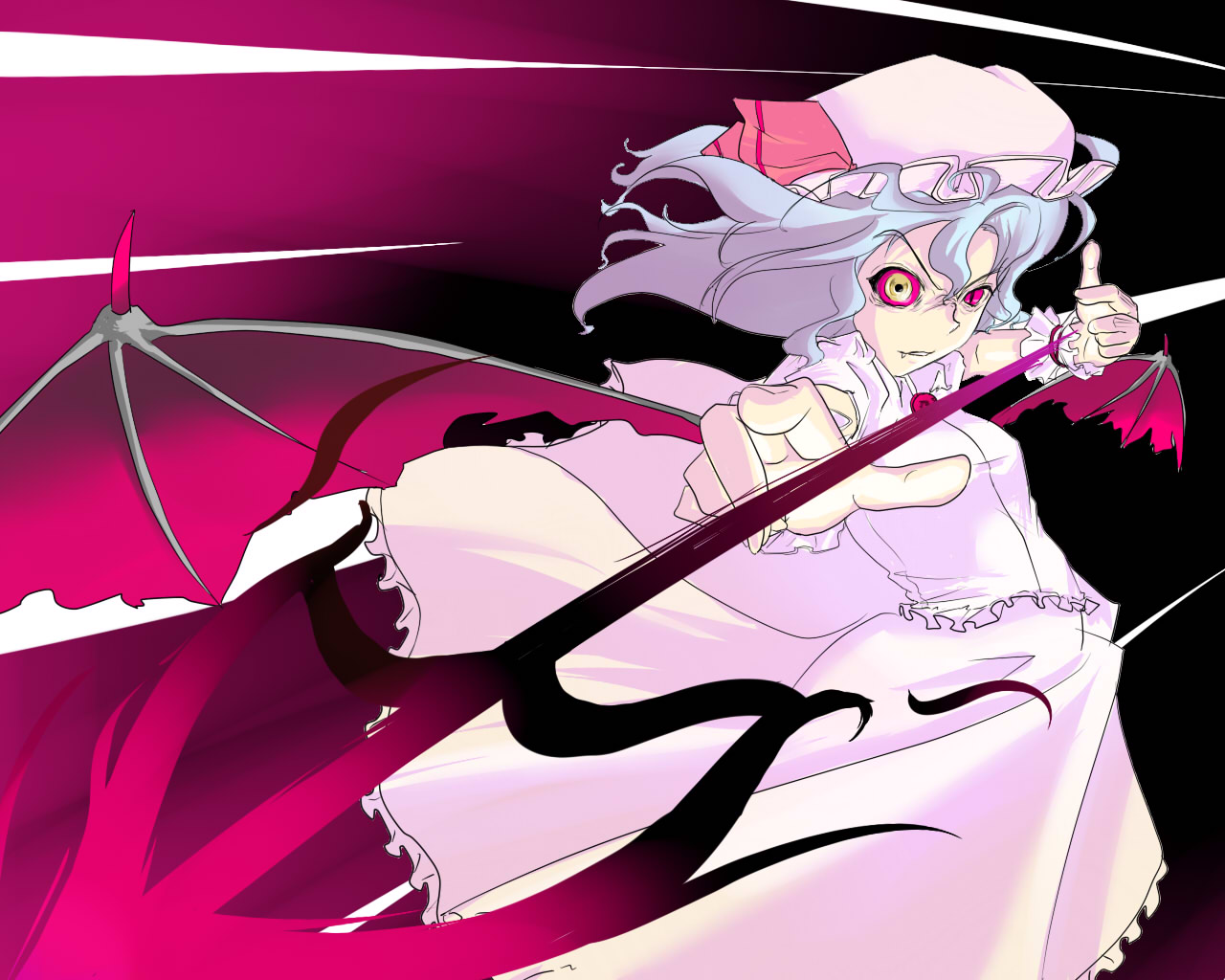 remilia scarlet, touhou, 1girl, bat wings, female focus, hat, mob cap, pink hat, solo, wings