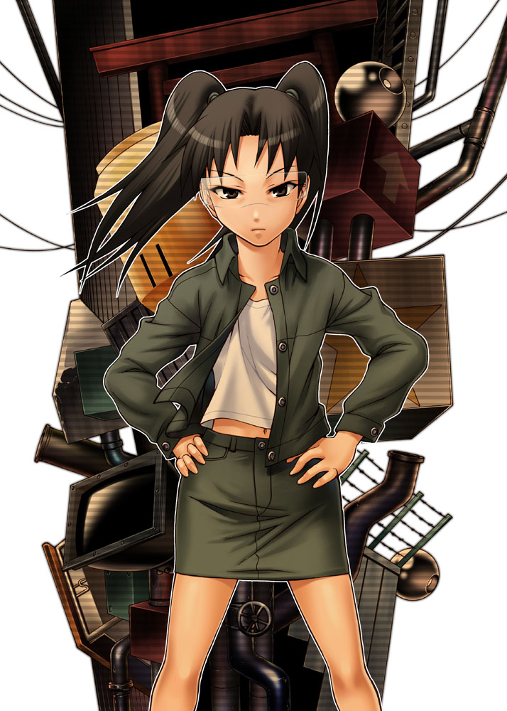 chiba toshirou, amasawa yuuko, dennou coil, 00s, 1girl, brown eyes, closed mouth, collarbone, elbow gloves, female focus, glasses, gloves, green jacket, green skirt, hands on own hips, industrial pipe, jacket, legs apart, long hair, looking at viewer, miniskirt, open clothes, open jacket, outline, power lines, rimless eyewear, serious, shirt, simple background, skirt, solo, television, twintails, unbuttoned, white background, white shirt